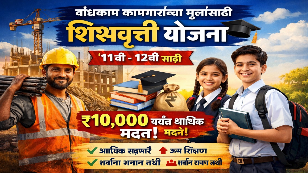 महाराष्ट्रातील नोंदणीकृत बांधकाम कामगार (Registered Construction Worker) यांच्या मुलांसाठी शासनाकडF मुळामध्ये शिक्षणासाठी विशेष आर्थिक मदत देण्यात येते. जर तुमचा मुलगा किंवा मुलगी 11वी किंवा 12वी (Junior College – HSC Level) मध्ये शिक्षण घेत असेल, तर शासनाकडून ₹10,000 पर्यंत Scholarship (Financial Assistance) दिली जाते. ही योजना महाराष्ट्र बांधकाम कामगार कल्याणकारी मंडळामार्फत राबवली जाते आणि कष्टकरी कामगारांच्या मुलांना पुढील शिक्षणासाठी प्रोत्साहन देणे हा तिचा मुख्य उद्देश आहे. 🎯 योजनेचा उद्देश (Objective of Scheme) इयत्ता 10वी नंतर अनेक विद्यार्थ्यांना आर्थिक अडचणींमुळे शिक्षण सोडावे लागते. विशेषतः बांधकाम कामगारांच्या कुटुंबांमध्ये ही समस्या अधिक दिसून येते. या योजनेद्वारे शासनाचा उद्देश आहे: ✔️ 11वी–12वी शिक्षणासाठी आर्थिक आधार ✔️ विद्यार्थ्यांचा Dropout Rate कमी करणे ✔️ उच्च शिक्षणासाठी मजबूत पाया तयार करणे ✔️ कामगारांच्या मुलांना शिक्षणाची समान संधी देणे 💰 किती रक्कम मिळते? (Scholarship Amount) 🎓 पात्र विद्यार्थ्यांना ₹10,000 पर्यंत आर्थिक सहाय्य दिले जाते. ही रक्कम थेट बँक खात्यात DBT (Direct Benefit Transfer) पद्धतीने जमा केली जाते. 👨‍👩‍👧‍👦 पात्रता अटी (Eligibility Criteria) या योजनेचा लाभ घेण्यासाठी खालील अटी पूर्ण करणे आवश्यक आहे: ✔️ पालक नोंदणीकृत व Active बांधकाम कामगार असावा ✔️ बांधकाम कामगार कार्ड वैध व Renewal झालेले असावे ✔️ लाभ फक्त दोन अपत्यांपर्यंत मर्यादित ✔️ विद्यार्थी मान्यताप्राप्त Junior College मध्ये 11वी किंवा 12वी मध्ये शिकत असावा ✔️ किमान 75% उपस्थिती आवश्यक ✔️ अर्जदार महाराष्ट्र राज्याचा रहिवासी असावा 📄 आवश्यक कागदपत्रे (Required Documents) ऑनलाईन अर्ज करताना खालील कागदपत्रे आवश्यक असतात: 📌 Aadhaar Card 📌 बांधकाम कामगाराचे Active Card 📌 Bank Passbook (पहिले पान) 📌 Ration Card 📌 College Bonafide Certificate 📌 75% Attendance Certificate 📌 College ID Card 📌 पासपोर्ट साईज फोटो 👉 सर्व कागदपत्रे स्पष्ट स्कॅन करून अपलोड करावीत. 🌐 ऑनलाईन अर्ज कसा करावा? (How to Apply Online) 1️⃣ अधिकृत वेबसाईटला भेट द्या 2️⃣ Educational Assistance / Scholarship विभाग निवडा 3️⃣ 11वी–12वी शिष्यवृत्ती पर्याय निवडा 4️⃣ अर्ज फॉर्ममध्ये योग्य माहिती भरा 5️⃣ आवश्यक कागदपत्रे अपलोड करा 6️⃣ अर्ज Submit करून Acknowledgement Slip डाउनलोड करा 7️⃣ आवश्यक असल्यास सुविधा केंद्रावर पडताळणी करा ⚠️ अर्ज करताना घ्यावयाची काळजी ✔️ कार्ड Active आहे का तपासा ✔️ नाव आधार व बँक खात्यात जुळले पाहिजे ✔️ उपस्थिती 75% पेक्षा कमी नसावी ✔️ चुकीची माहिती भरल्यास अर्ज Reject होऊ शकतो 📌 या योजनेचे फायदे ✅ 11वी–12वी शिक्षणासाठी आर्थिक आधार ✅ विद्यार्थ्यांना पुढील शिक्षणासाठी प्रोत्साहन ✅ सोपी ऑनलाइन प्रक्रिया ✅ थेट बँक खात्यात रक्कम जमा ❓ वारंवार विचारले जाणारे प्रश्न (FAQ) Q1. ही रक्कम प्रत्येक वर्षी मिळते का? 👉 पात्रतेनुसार संबंधित शैक्षणिक वर्षासाठी मिळते. Q2. किती मुलांना लाभ मिळतो? 👉 एका कामगाराच्या दोन अपत्यांपर्यंत. Q3. अर्ज कधी करावा? 👉 प्रवेश झाल्यानंतर संबंधित शैक्षणिक वर्षात अर्ज करावा. 🏁 निष्कर्ष (Conclusion) बांधकाम कामगारांच्या मुलांसाठी 11वी–12वी शिक्षणासाठी मिळणारी ₹10,000 शिष्यवृत्ती योजना ही अत्यंत महत्त्वाची योजना आहे. योग्य वेळी अर्ज करून आणि आवश्यक कागदपत्रे सादर करून या योजनेचा लाभ सहज मिळवता येतो. kamgar yojana hsc scholarship yojana